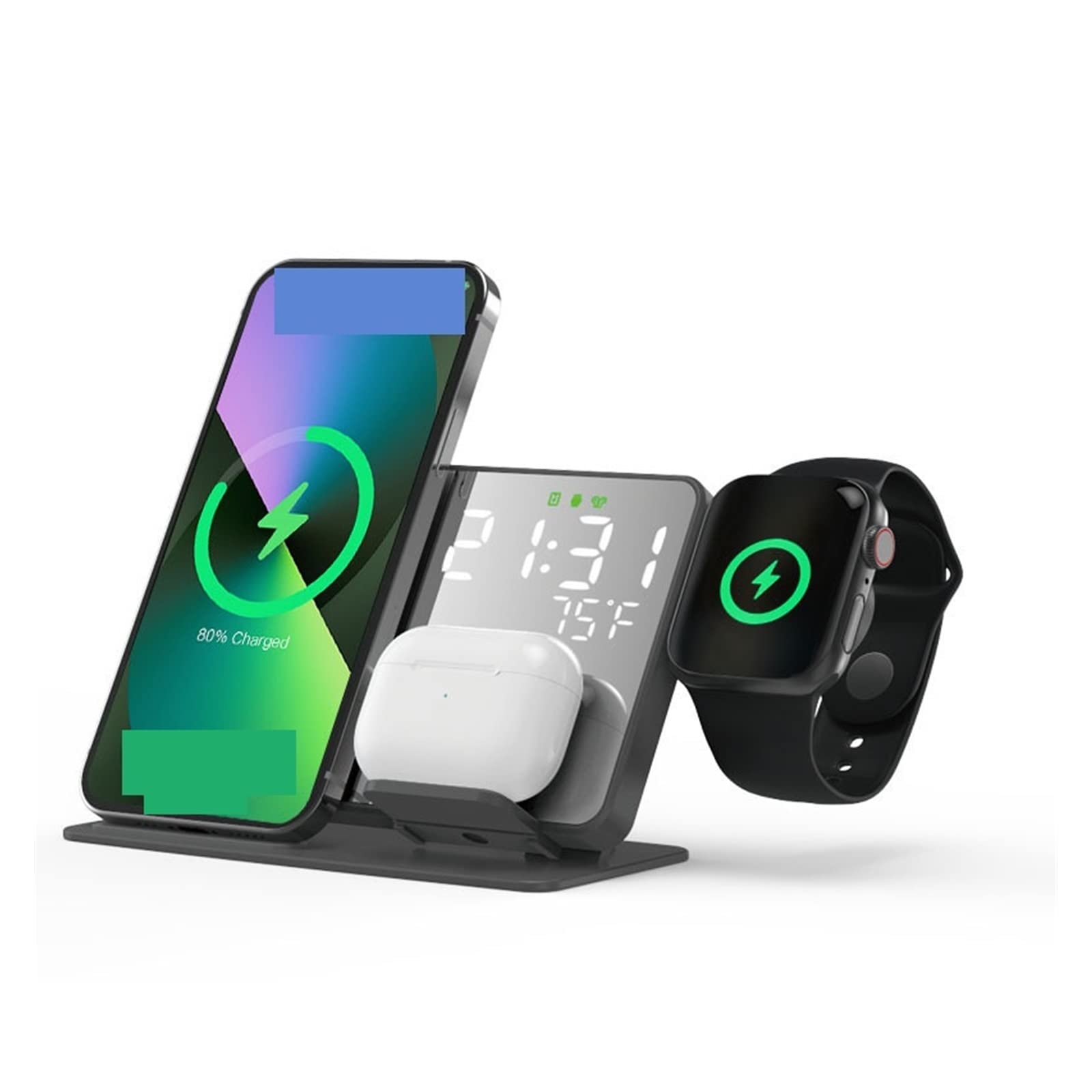 Caricatore Senza Fili, Caricabatterie wireless 4 in 1 for telefono Sveglia digitale LED da tavolo a ricarica rapida Dock Station da 15 W Stazione Di Ricarica Wireless