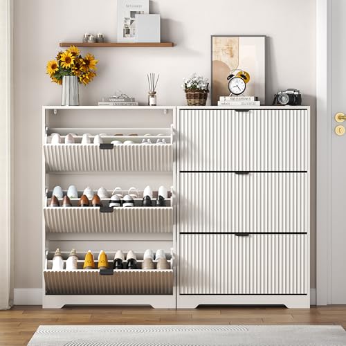 Image of HUANLEGO Shoe Cabinet Storage for Entryway with 3 Flip Drawers, White Fluted Shoe Cabinet with Adjustable Shelves, Wooden Hidden Shoe Rack Freestanding Narrow Slim Shoes Storage for Hallway, Entrance