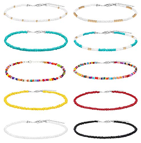 SWEET BELL 10 Pieces Seed Bead Choker Necklace for Women Hawaiian Beaded Choker Necklace Chain Jewelry Set Statement Adjustable Bead Necklace