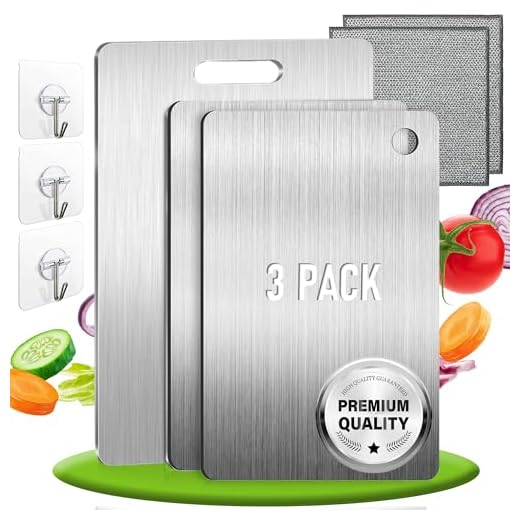 Set de 3 - Tabla de Cortar con Aleación de Titanio para Cocina. Tablas de cortar acero inoxidable SUS316/SUS304 + Ganchos y Paños. Antibacteriana, Reversible y Resistente. Tabla de cortar de titanio.