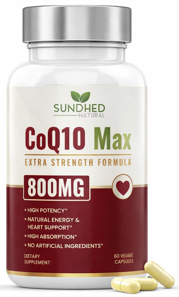Sundhed Natural CoQ10 Powerful Antioxidant Supplement - Extra Strong Formula 800mg, 60 Capsules, 1-Month Supply with Coenzyme Q10 Vitamins and Supplements