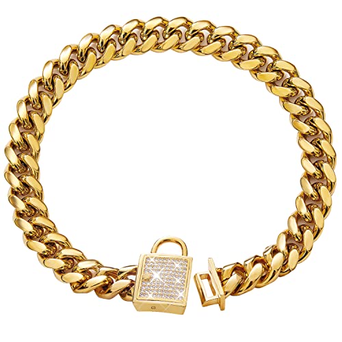 Gold Dog Collar with Zirconia Buckle Gold Metal Puppy Collar Cuban Link Chain Collar Bling Collar for Small Medium Large Dogs (14MM, 26