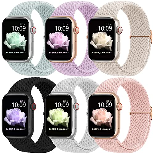 WANLISS Braided Bands Compatible with Apple Watch Band 38mm 40mm 41mm 42mm 44mm 45mm 49mm for Women Men,Solo Loop Elastic Stretchy Straps Wristbands for iWatch Series SE 8 7 6 5 4 3 2 Ultra,6Packs