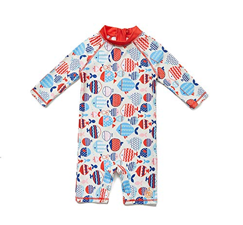 BONVERANO Maillot de bain une pièce pour bébé fille, maillot de bain à manches longues avec fermeture éclair et protection solaire UPF 50+, Rouge / Poisson, 2-3 ans Cover