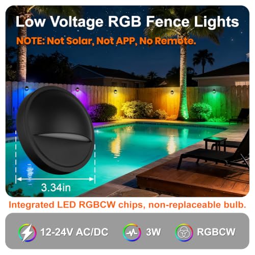 Image of 12V RGB Low Voltage Deck Lights Outdoor for Christmas Decorations | 3W 12 Volt RGB Color Changing LED Low Voltage Fence Lights Wired for Deck Post Stair Step Railing, Aluminum, Black, 12PK