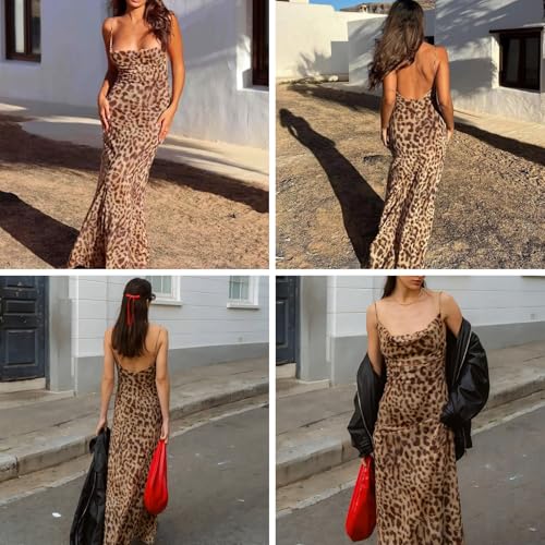 Image of Women's Sexy Sleeveless Tulle Leopard Print Maxi Dress - Elegant Spaghetti Strap Backless Party Dress