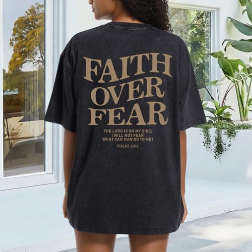 Faith Over Fear Christian Shirts for Women Oversized Jesus God Bible Verse Religious Tees Acid Wash Tshirts Tops2