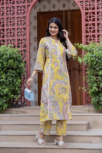 Image of Pistaa's Women Pure Cotton Paisley Printed A-Line Kurta with Pants Set