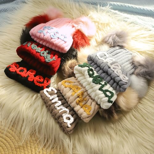 Personalized Baby Name Beanie Hat,Custom Newborn Pom Pom Hats,Hand Embroidered Knitted Beanie with Baby's Name,Winter Knit Hats for Infant Baby4