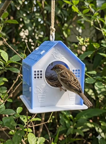 Image of Ecurfu Sparrow House for Balcony & Garden | Hanging Bird Nest with Feeding Tray | Bird House for Sparrows & Small Birds