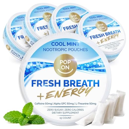 Pop On Nootropic Pouches — Nicotine-Free, Caffeine Pouches — Energy Pouch with 50mg Caffeine, Alpha GPC, L-Tyrosine & L-Theanine — Sugar Free & Zero Calories — 15 Pouches Per Can, Cool Mint, 5-Pack