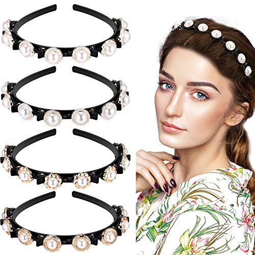 4 Pieces Double Layer Pearls Headbands with Clips White Faux Pearl Rhinestones Hairbands Double Bangs Hairstyle Hairpin Headband Chic Pearl Hair Hoops Hair Accessories for Women Girls Wedding Party