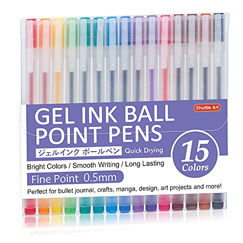 Gel Ink Ball Point Pens, Shuttle Art 15 Colors Japanese Style Pens, 0.5mm Fine Ballpoint Pens Quick Drying for Writing Journaling Home, School and Office Stationery Supply