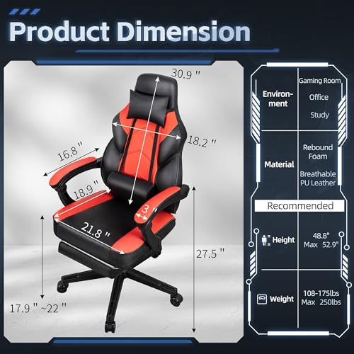 Image of Gaming Chairs for Adults, Computer Chair with Footrest, High Back, Big and Tall Gamer Chair's with Massage Lumbar Support, 360 Swivel Height Adjustable Computer Chaires, Dark Red