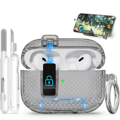 Image of Ekoonpft for AirPods Pro 2 Case with Phone Stand & Secure Lock, Auto-Open Clear Cover Compatible with Apple AirPods Pro 2nd /1st Gen (2023,2022,2019) with Cleaning Kit & Keychain (W-Black)