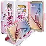 Galaxy Wireless PU Leather Wallet Case with Wrist Strap and CRedit Card Slot for Galaxy S7 -Lotus