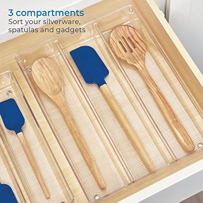 iDesign Linus Plastic Kitchen Drawer Utensil Organizer, Divided Storage Container for Silverware, Spatulas, Gadgets, 3.8 x 10.5 x 2 - Clear