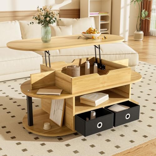 Sweiko Table Basse multifonctionnelle avec Plateau relevable et Porte en rotin, Table de Rangement de Salon avec Espace de Rangement Pratique et Design...