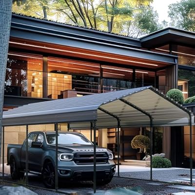 GREEN PARTY 12 x 20 ft Metal Carport Kits with Galvanized Steel Roof, Heavy Duty Metal Carport Canopy, Outdoor Car Tent Metal Garage Shelter for Car, SUV, Truck and Boats, Grey