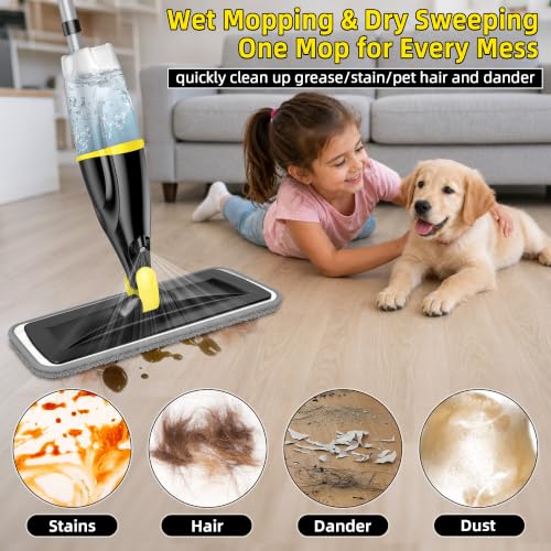 Image of Spray Mops for Floors Cleaning: Hardwood Floor Mop Wet Dust Mop Refillable | Swivel Head Lightweight for Elderly, 3 Washable Pads for Swiffer PowerMop, Microfiber Flat Mop, for Tile Vinyl Multi-surface