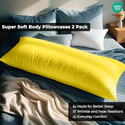 Image of ROYALE LINENS Body Pillow Cover - Double Brushed 1800 Microfiber - 20 inchx54 inch with Hidden Zipper Closure - Wrinkle & Fade Resistant - Super Soft Body Pillowcase 2 Pack (Yellow, Pack of 2)