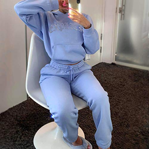 Trousers Suits For Women Plus Size Long Trousers Women's Sports Suit Hoodie Casual Sleeve Fleece Printed (Blue, Xl) #TOP2