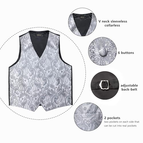Image of DiBanGu Mens Vest and Tie Set Formal Paisley Waistcoat and Necktie Pocket Square Cufflinks Silk Suit Vest for Tuxedo Wedding