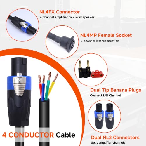 Image of 25 Feet Speakon to Bare Wire Cable, Pack of 1 Open End 4 Conductor | 25ft NL4FC Speak-ON Cables, 4 Conductors Speaker Male Wires, High Load Stage, Tour, Chuchero, Mids, Tweeters Audio Setups