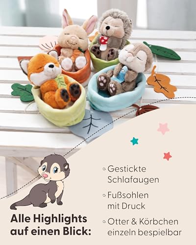 NICI Kuscheltier Otter mit Fisch 12cm schlafend im Körbchen - grau - Stofftier aus weichem Plüsch, niedliches Plüschtier zum Kuscheln und Spielen, für Kinder & Erwachsene - 61582