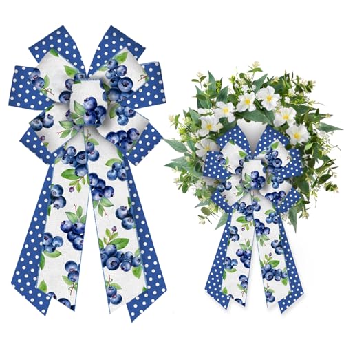 LANGFON Large Blueberry Bows - Linen Blueberry Ribbon Bows for Wreath Decor - Fruit Theme - Indoor/Outdoor - Spring/Summer Party - Tree Topper