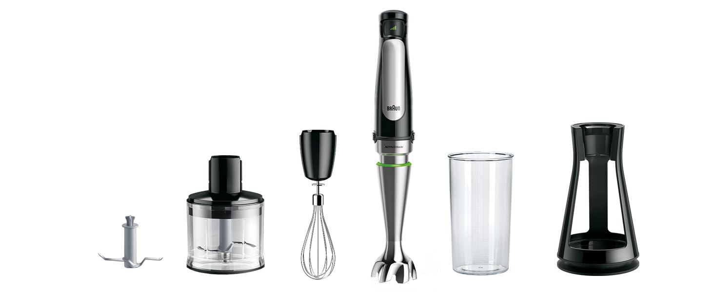 Braun MultiQuick 7 - Stabmixer mit SplashControl-Technologie, ActiveBlade System, Präzise Geschwindigkeitsregelung, 500 ml Zerkleinerer, Schneebesen, 600 mL Becher, 1000W, Schwarz (MQ7035X)