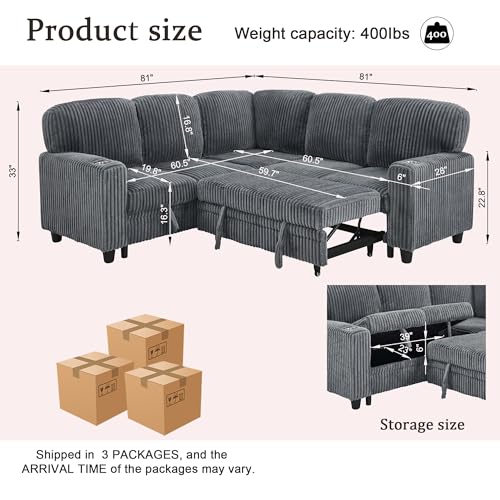Image of KEIKI 81 inch L-Shaped Oversized Corduroy Modular Sectional Sleeper Sofa with Pull-Out Bed, Storage Seat, Modern 5-Seater Upholstered Couch Bed with Charging Station, Easy Assembly, for Living Room, Grey