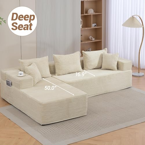 Image of 105'' Modular L-Shaped Boneless Sectional, Corduroy Deep Seat Cloud Sectional Couch, Small Space Sofa for Apartment Living Room Bedroom, No Assembly, Beige