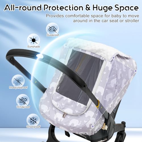 Image of Baby Car Seat Cover, Mink Warm Infant Car Seat Cover for Girls Boys, Universal Carseat Cover with Mesh Peep Window & Sun Shade, Baby Carrier Canopy Cover for Winter Autumn