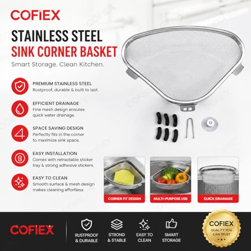 Image of Stainless Steel Sink Corner Strainer Triangle Drainer Basket & Shelf Organizer - Rust-Resistant Corner Rack for Kitchen Sink, Multi-Use Soap, Sponge, Fruit & Vegetable Holder