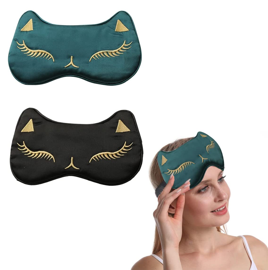 Azonee 2 Pieces Glossy Silk Sleep Mask, Soft Adjustable Strap Sleeping Eye Blinder, Animal Silk Eye Cover Cat Printed Sleep Eye Masks Suitable for Women Men Kid
