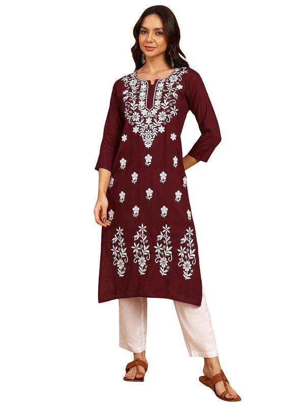Image of Women Pink Ethnic motifs Embroidered Lucknowi Chikankari Long Kurti