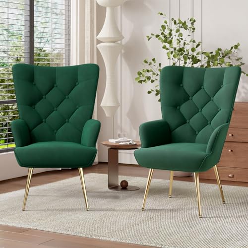 Hawthyhome 2er-Set eleganter Sessel polsterstuhl Ohnzimmer Sessel Schminktisch Stuhl mit Metall Beinen fürs Wohnzimmer/Schlafzimmer Bis 150 KG belastbar Grün