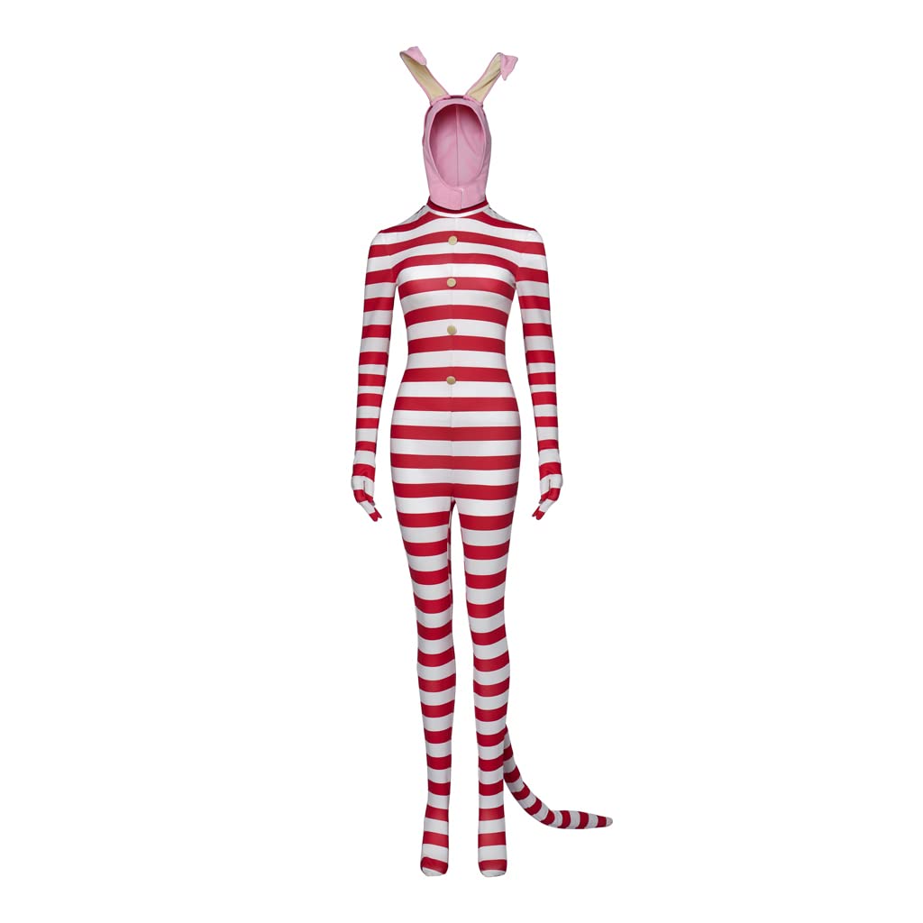 iSHOWcosPopee The Performer Cosplay Costume Inspired White and Red Striped Jumpsuit with Bunny Ear and Tail
