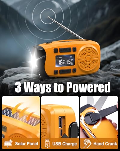 Image of Runningsnail Emergency Weather Radio, 7400mWh Hand Crank Emergency Radio with LCD Display, Support Weather Alert Radio, USB /Solar /Hand Crank,1W Flashlight&SOS Alarm for Outdoor&Home Emergency (Orange)