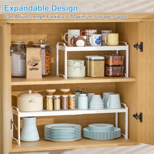 Image of 4 Pack Kitchen Cabinet Shelves Organizers, Kitchen Counter Storage Shelf Spice Rack, Expandable Length, Adjustable Height, Stackable, Sturdy 30LBS Bearing, Small Cupboard Tabletop Organizer Shelf Rack