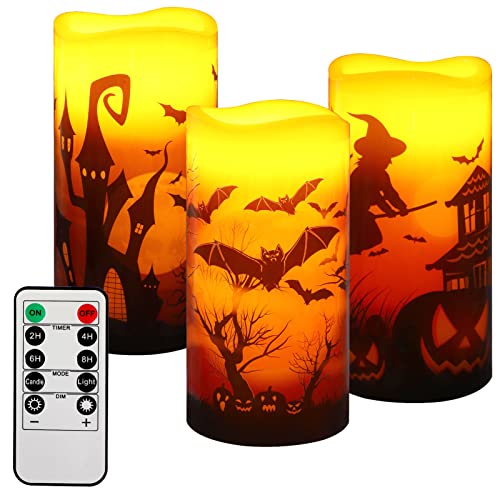 VOCOOL 3 Pcs Halloween Flameless Candles with Remote, 8 Hour Timer, Halloween Decoration Candles Battery Operated Decals Castle Bat Witch Wax Candles for Halloween Window Fireplace Home Party Decor VOCOOL 3 Pcs Halloween Flameless Candles with Remote, 8 Hour Timer, Halloween Decoration Candles Battery Operated Decals Castle Bat Witch Wax Candles for Halloween Window Fireplace Home Party Decor
