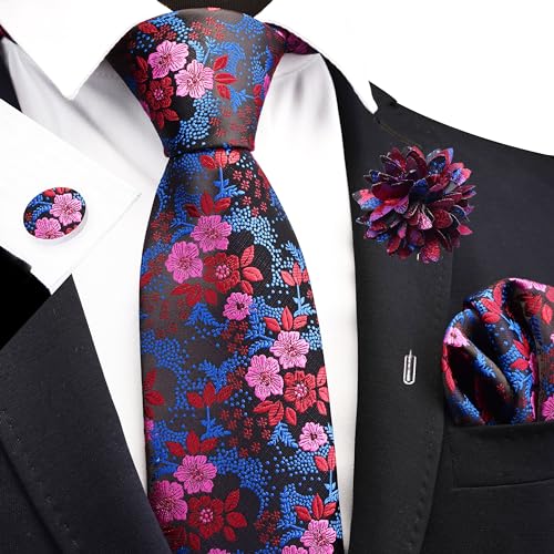 Image of GUSLESON 3.15 inch（8cm） Mens Floral Tie and Lapel Pin Necktie Hankerchief Cufflinks Set for Men