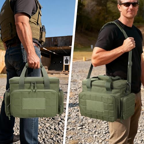 GOBUROS Gun Range Bags for 4 Handguns and Ammo, Tactical Soft Pistol Case with 6X Magazine Slots, Gun Carrying Bag for Shooting Gear Accessories with Shoulder Strap Quilted Padded Gun Duffle Bag Green - Thumbnail 7