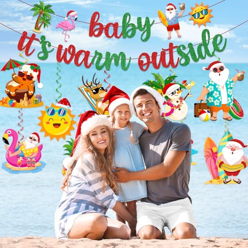 Image of Tropical Christmas Decorations, Summer Christmas Decorations includes Glitter Baby Its Warm Outside Banner and Santa Hanging Swirls, for Hawaiian Luau Beach Theme Christmas Decorations