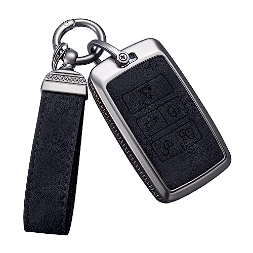 YO&YOYE for Land Rover Key Fob Cover with Keychain Leather Key Case Protector Compatible with Land Rover Vogue Range Discovery Rover Sport (Model2 Black)