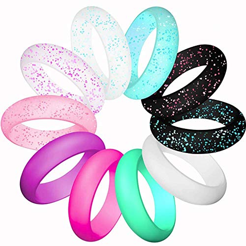 ATEANO Rubber Wedding Ring for Women Multi-Color Flexible Silicone Band Rings 10-Pack (10, 19.7mm)