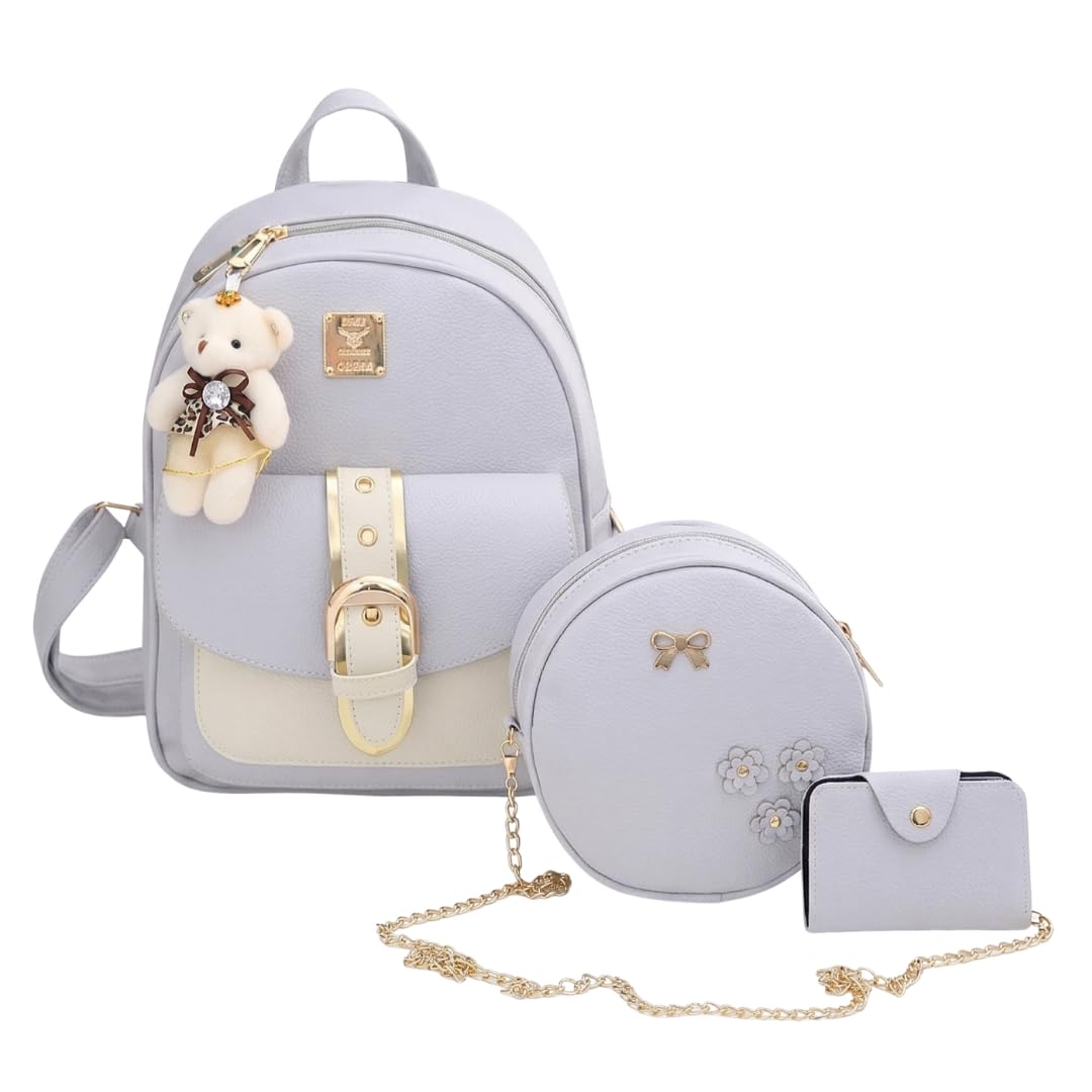 TYPIFY 3-Piece Mini Backpack Set for Women & Girls | Premium Pastel Lavender PU Leather Small Bag with Teddy Charm | Includes Round Sling Bag & Card Wallet | Stylish College & Travel Daypack