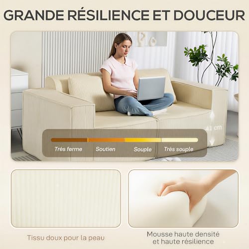 HOMCOM Canapé 3 Places en Velours côtelé, canapé Salon Moderne avec Assise rembourrée, Mousse Haute densité, Larges accoudoirs, 2 Coussins, livré entièrement compressé sans Montage, 202 cm, Beige – Image 5