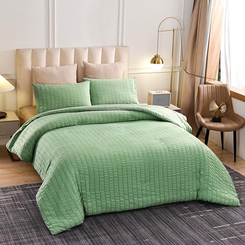 Delien Bed Linen Set 155 x 220 cm 3-Piece Green Microfibre Seersucker Duvet Cover with Stripes, Soft Fluffy - Image 2